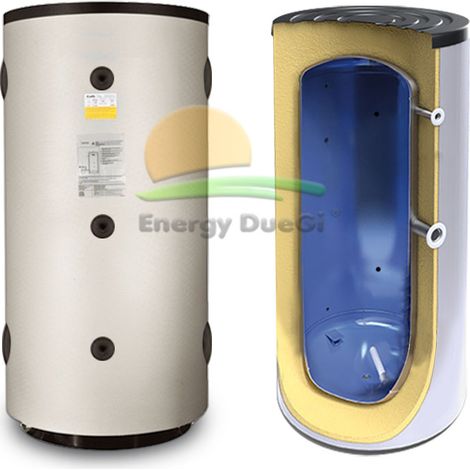Volano inerziale caldo/freddo per acqua tecnica da 500 litri in acciaio nero. Coibentazione da 50 mm in poliuretano rigido + PVC . Altezza 1610 diametro 750 (1/3)
