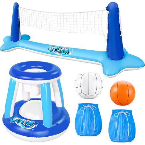 Aufblasbare Pool-Schwimmhilfen, Volleyballnetz und Basketballkorb, schwimmendes Spiel für Kinder/Erwachsene, Sommer-Schwimmhilfen, Wassersportspielzeug für den Sommer, dunkelblau