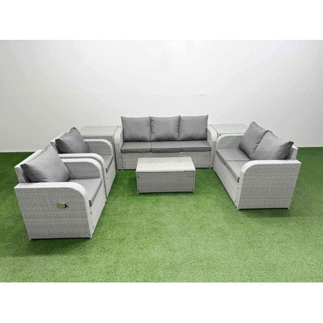 Fimous PE Rattan Garden Furniture Set Adjustable Chair Sofa Double Love Seat 2 Seater Sofa Lounge Set Oblong Coffee Table 2 Side Table Light Grey (1/4)