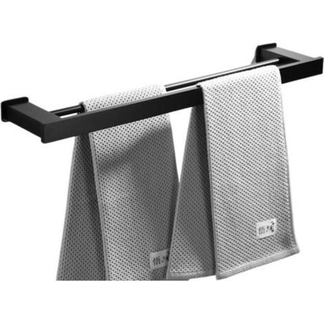 Porte-serviettes carré en aluminium Space, fixation murale, double tige, noir 50CM (double usage sans perforation et perforation) (1/5)