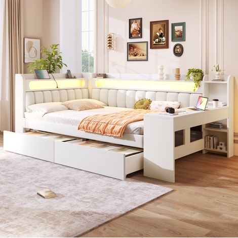 REDOM - Letto estraibile 90x190 cm con testiera con contenitori, LED e prese, velluto grigio chiaro (Senza materasso) (1/5)