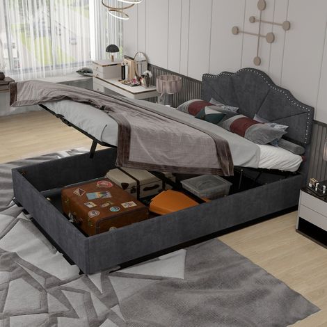 Lit 140x200cm - Lit Coffre 140x200cm - Design Géométrique & Sommier à Vérins Hydrauliques - Tissu Gris - Sans Matelas - Gris (1/5)