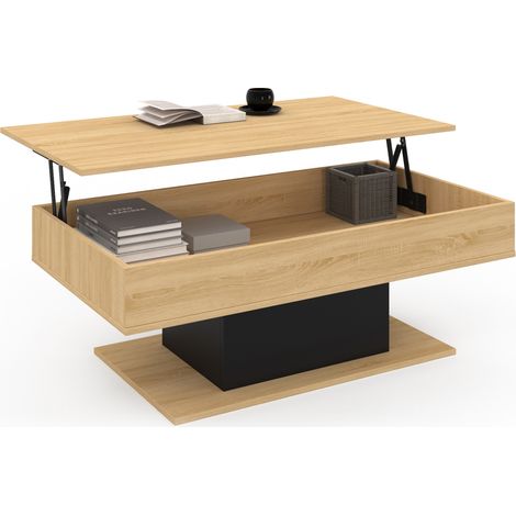 Idmarket – Table basse relevable rectangulaire en bois clair et noir – Dimensions 110x60x40/53 cm – Compartiment de rangement intégré – Design moderne