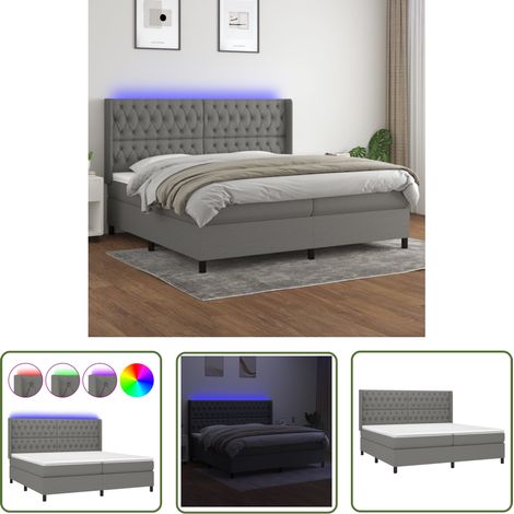 The Living Store Sommier à lattes de lit matelas LED Gris foncé 200x200 cm Tissu - Sommier Tapissier - Lit Plateforme - Lit Avec Rangement - Tête De Lit Ajustable - Éclairage Led (1/5)