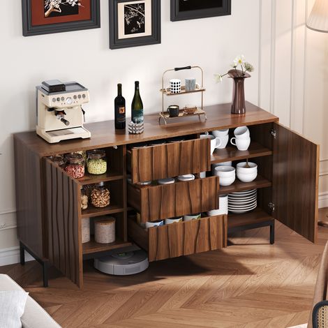 Buffet 150 cm en bois effet sombre, 3 tiroirs, 2 étagères réglables, marron foncé DESVIAE (1/5)
