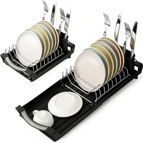 Egouttoir à Vaisselle, Egoutoire Vaisselle Cuisine Extensible(28-47CM), Égouttoir avec Porte-Couverts