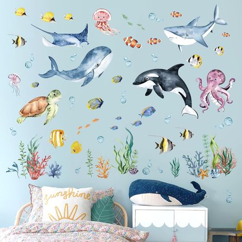 Autocollant Murale Poisson - 8 Pièces 21 x 30 cm - Décoration Murale pour Chambre Bébé Enfant Salle de Bain - Réutilisable Imperméable (1/5)