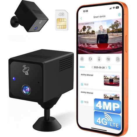 Camera de Surveillance sans Internet, 4MP 4G LTE Camera Carte SIM, Mini Camera Voiture sans Fil 4G, 5200mAh Batterie, Angle Vision 160°, Détection Mouvement Radar AI, 4MP Vision Nocturne (1/5)