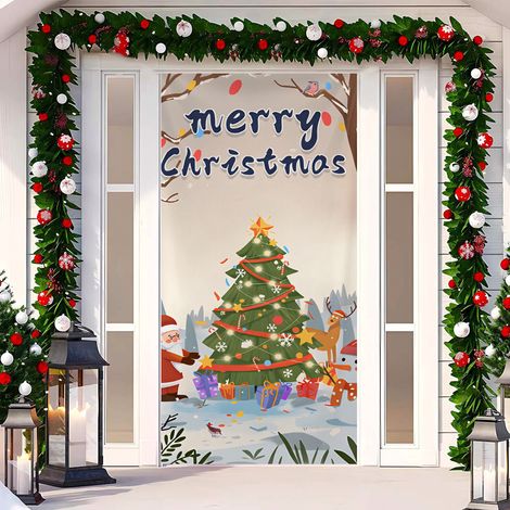 Rideau de porte de Noël 2026, bannière extérieure avec fond photo Père Noël et chien, tissu à suspendre - 90 x 180 cm (œillets + ruban) - 53