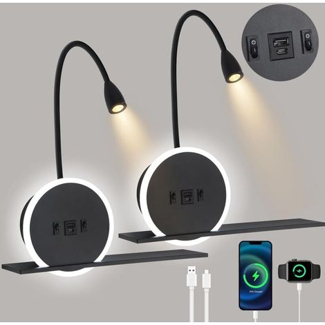 2-teilige LED-Nachttischleuchte mit Schalter, USB- und USB-C-Ladeanschluss, 3 W (3000 K) + 9 W (6000 K), geeignet für Hotelzimmer, Schwarz (1/5)