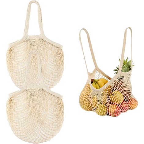 Lot De 2 Sacs De Courses en Maille De Coton Réutilisables Beiges, Sac De Courses en Coton avec Longue Poignée pour Conserver Les Fruits Et Légumes (1/5)