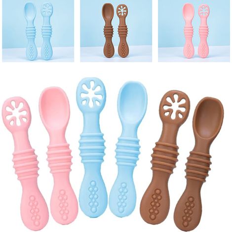 6er-Pack Babylöffel aus weichem, BPA-freiem Silikon mit glatter Oberfläche in den Farben Himmelblau, Zartrosa und Braun (1/5)