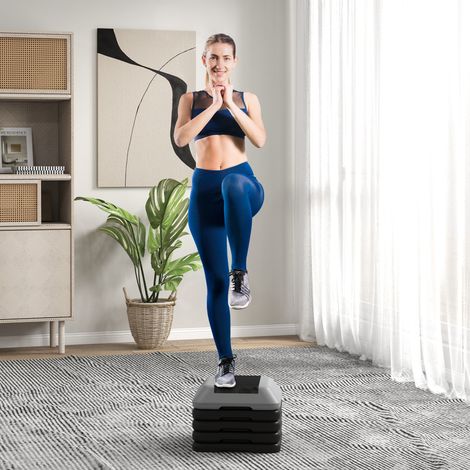 Stepper fitness antiscivolo, altezza regolabile 10/15/20/25/30 cm, portata massima 150 kg, colore grigio.