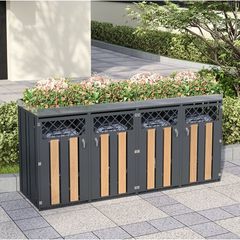 Ocultacubos de jardín para 4 cubos con jardinera, acero galvanizado gris y madera DESVIAE (1/5)