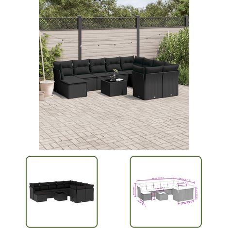 The Living Store Salon de jardin 11 pcs avec coussins noir résine tressée - Ensemble Salon De Jardin - Meuble De Jardin - Salon De Jardin Design - Mobilier De Jardin Résistant - Fauteuil De Jardin (1/3)