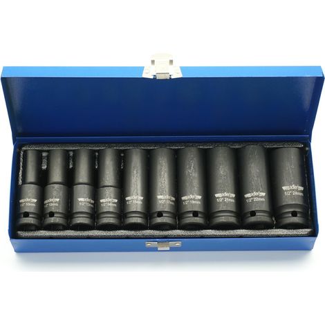 Adler Juego de dados largos de impacto 1/2" 10 piezas con estuche metálico, herramienta profesional para ensamblaje y mantenimiento, diseño reforzado, recubrimiento protector, alta resistencia, color
