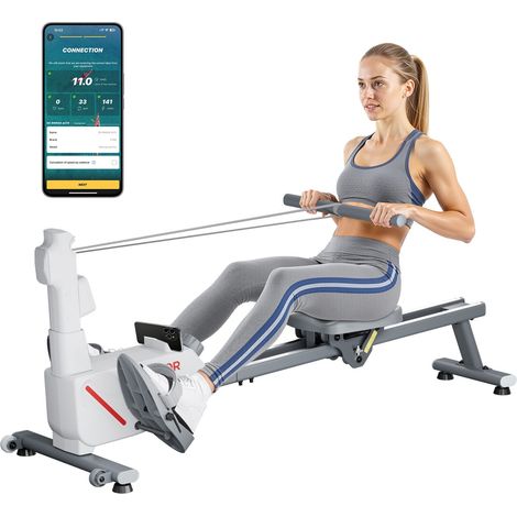 Rameur Magnétique, Ergomètre avec Résistance Réglable à 16 Niveaux, Pliable, Capacité de Charge de 158 kg, avec Double Rail Coulissant, Compatible avec Application Bluetooth et Écran LCD (1/5)