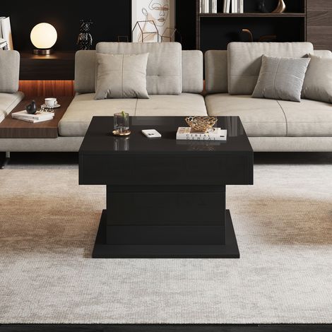 Table basse géométrique 70 x 70 x 45 cm, plateau supérieur pivotant à 360°, table basse relevable avec 1 tiroir, table de salon brillante avec espace de rangement caché, table d’appoint, noir (1/5)