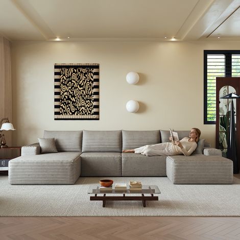 Sofá modular de 5 plazas de pana con puf y chaise longue a la izquierda, sin montaje, Camello