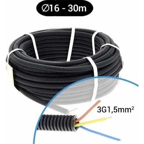 Gaine électrique préfilée 3G1.5mm² H07VU Rouge/Bleu/Vert-Jaune Ø 16mm – Couronne 30m pour installation électrique – Auto-extinguible – Qofil