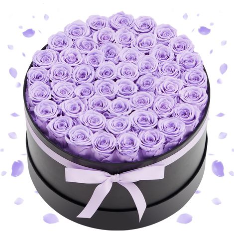 Rose Éternelle 50 Fleurs Éternelles Préservées Boîte Ronde Bouquet Rose Éternelle Cadeau pour Elle, Femme, Épouse, Maman, Mamie, Amie, Anniversaire, Saint-Valentin, Noël, Couleur Violet Lavande (1/5)