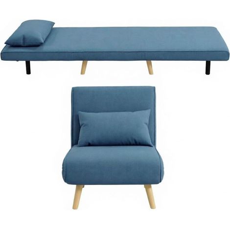 Sofá cama plegable individual con respaldo reclinable, azul, de poliéster y metal, MODENUIT (1/5)