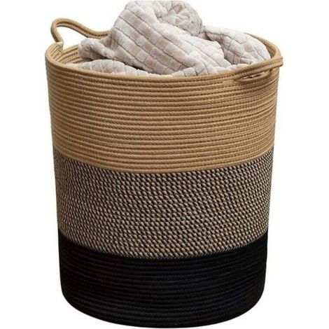Panier Linge Corde Coton 42x45cm, Jaune Fleur Noir (1/2)