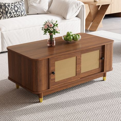 Table basse en rotin 100x50x42 cm - 2 portes coulissantes - Angles arrondis - Espace de rangement - Aspect bois - MDF - Marron