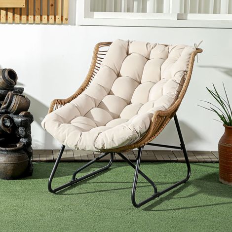 Sillón de jardín, estilo ratán, sillón de exterior, con cojín, estructura metálica, 75x101x90 cm, color natural/caqui/negro (1/5)
