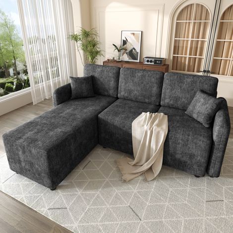 Canapé d’angle noir en L 3 places en chenille avec longue méridienne 144 cm, mousse haute densité, cadre bois massif, 2 coussins, studio (1/5)