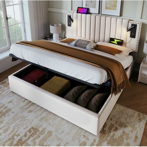Lit coffre 160x200 avec LED, USB et tete de lit beige HAVRYA (1/5)