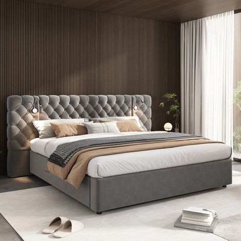 Gepolstertes Doppelbett 160x200cm mit Stauraum LED-Kopfteil Lattenrost hydraulischer Höhenverstellung Samtbezug und Stauraum unter dem Bett grau
