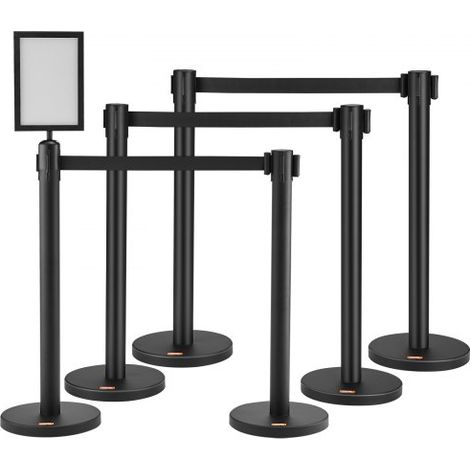 Personenleitsystem Absperrband Absperrständer 6-teilig, 2 m x 48 mm Schwarzer Einziehbarer Gürtel, Personenleitsystem Absperrpfosten mit Schildern für Flughäfen, Messen, Wettkampforte usw. (1/5)