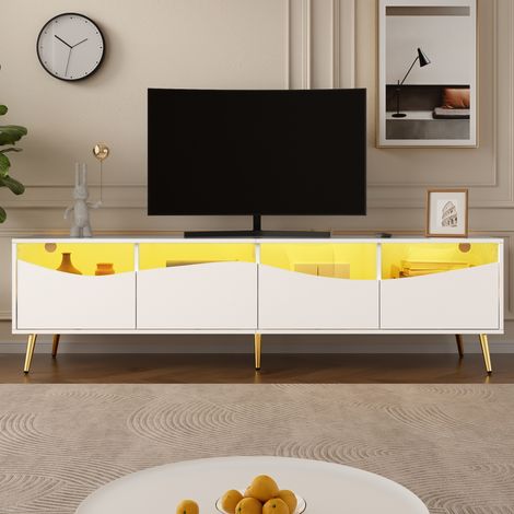 Meuble TV moderne 180x40x50 cm, avec éclairage LED, pieds métalliques dorés, panneau en verre et espace de rangement, design élégant pour salon - Blanc