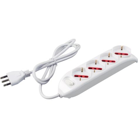 Bloc multiprise Rosi RS94060 avec interrupteur blanc 4 places 2P+T 10/16A bypass schuko avec prise gain de place 16A 90o se'rie Emilia Made in Italy