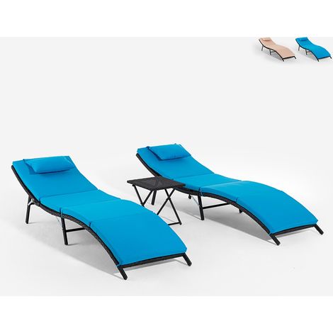 Juego de 2 tumbonas de jardín efecto ratán con mesa plegable Lanzarote - Azul Marino (1/5)