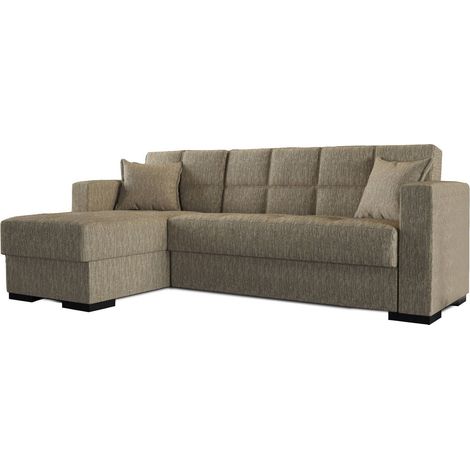 Dmora - Divano letto con penisola Armadillo, Divano ad angolo reversibile, Sofà contenitore da soggiorno con chaise longue e 2 cuscini, 230x150h81 cm, Beige (1/5)