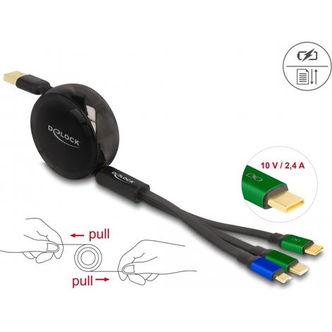 USB 3 in 1 Aufrollladekabel fÃ¼r Micro USB / 2 x USB Type-Câ¢ (Fast Charging) schwarz Delock