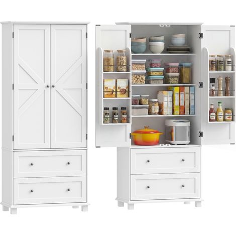 Armoire de cuisine - HOMCOM - 2 portes, 2 tiroirs, 6 porte-racks, étagères réglables - MDF - 80x39,5x184,5cm - blanc