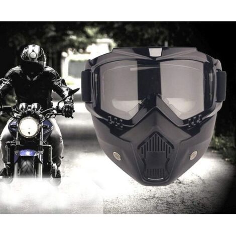 Masque de Lunettes de Moto avec Masque Amovible, Masque de Motocross pour Motos avec Lunettes Amovibles et Filtre à Bouche pour Casques Vintage (Monture Noire, Verres Gris)