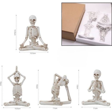 Lot de 4 décorations d'intérieur (blanches), statues de crâne de yoga – petites sculptures en résine, modèles de personnages squelettes à faire s (1/5)