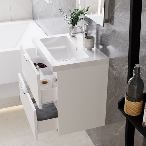 AICA Bathroom 600x385x520mm MDF Wall-mounted Vanity Unit,White Concave-convex texture Dual-drawers,Detachable Soft Close + Artifical Stone Arc Basin (1/5)
