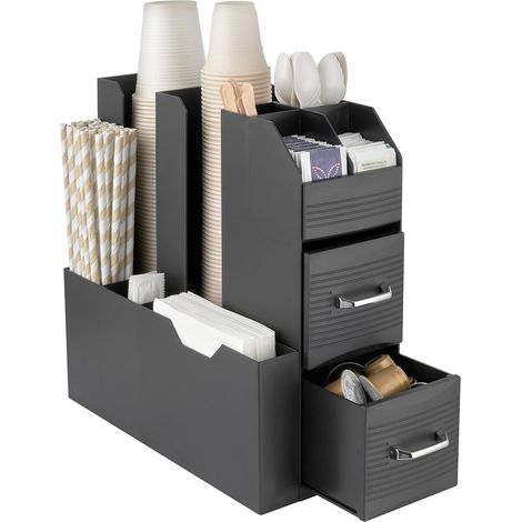 Organisateur de Café, Porte-Dosettes Professionnel, 11 compartiments, Porte-Capsules et Gobelets avec Division à Compartiments, Poste de Café avec 2 Tiroirs, Noir, 14x29x29 cm (1/5)