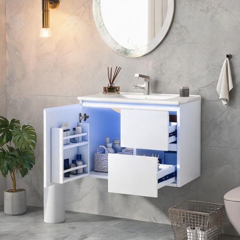 Meuble sous vasque laqué blanc 76 x 46 x 50 cm avec éclairage (1/5)