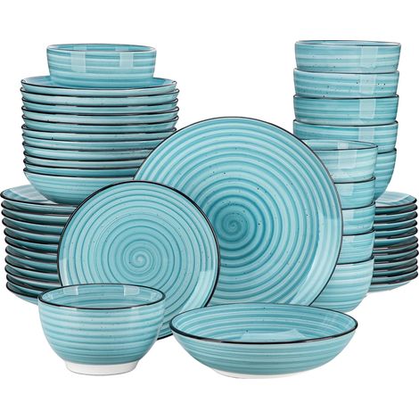 Service de vaisselle, design spiral à deux faces peint à la main, assiettes et bols, durable, bleu (1/2)