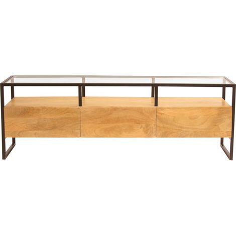 Mueble TV rectangular con almacenaje de madera maciza de mango, cristal y metal negro 150 cm DIYA (1/4)