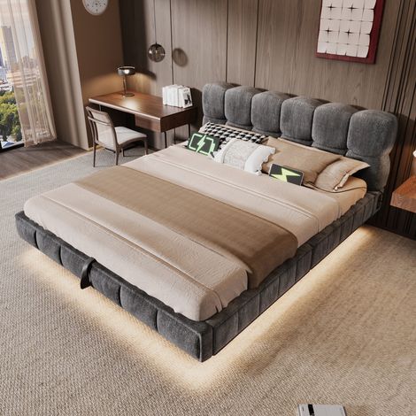 Lit coffre 140 x 200 cm, lit adulte avec rangement, rangement hydraulique, éclairage LED, connectique USB, sommier à lattes inclus, tissu, gris (1/5)