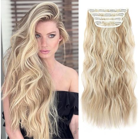 Extension per capelli con clip da 55 cm, in morbida fibra sintetica riccia, per donne e ragazze (colore: biondo con riflessi biondo beige) (1/5)