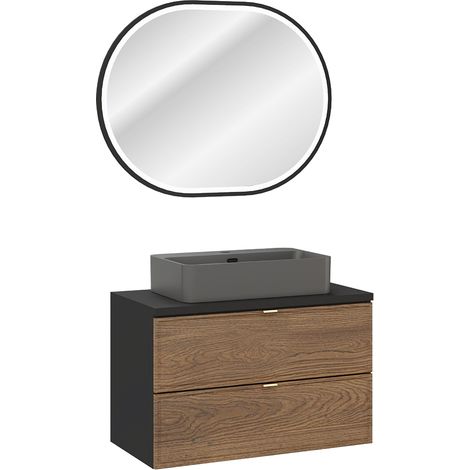 Waschplatz-Set 2-teilig mit 80 cm Waschtisch und LED-Spiegel in Eiche und schwarz - TARSIA-56 (1/5)