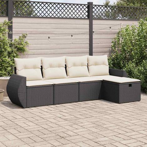 Ensemble Salon Jardin 5 Places Noir Résine Tressée avec Coussins Crème et Fonction Rangement (1/4)